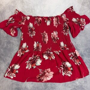 Maurices Off The Shoulder Top Womens Large Red Excellent Floral Smocked Blouse